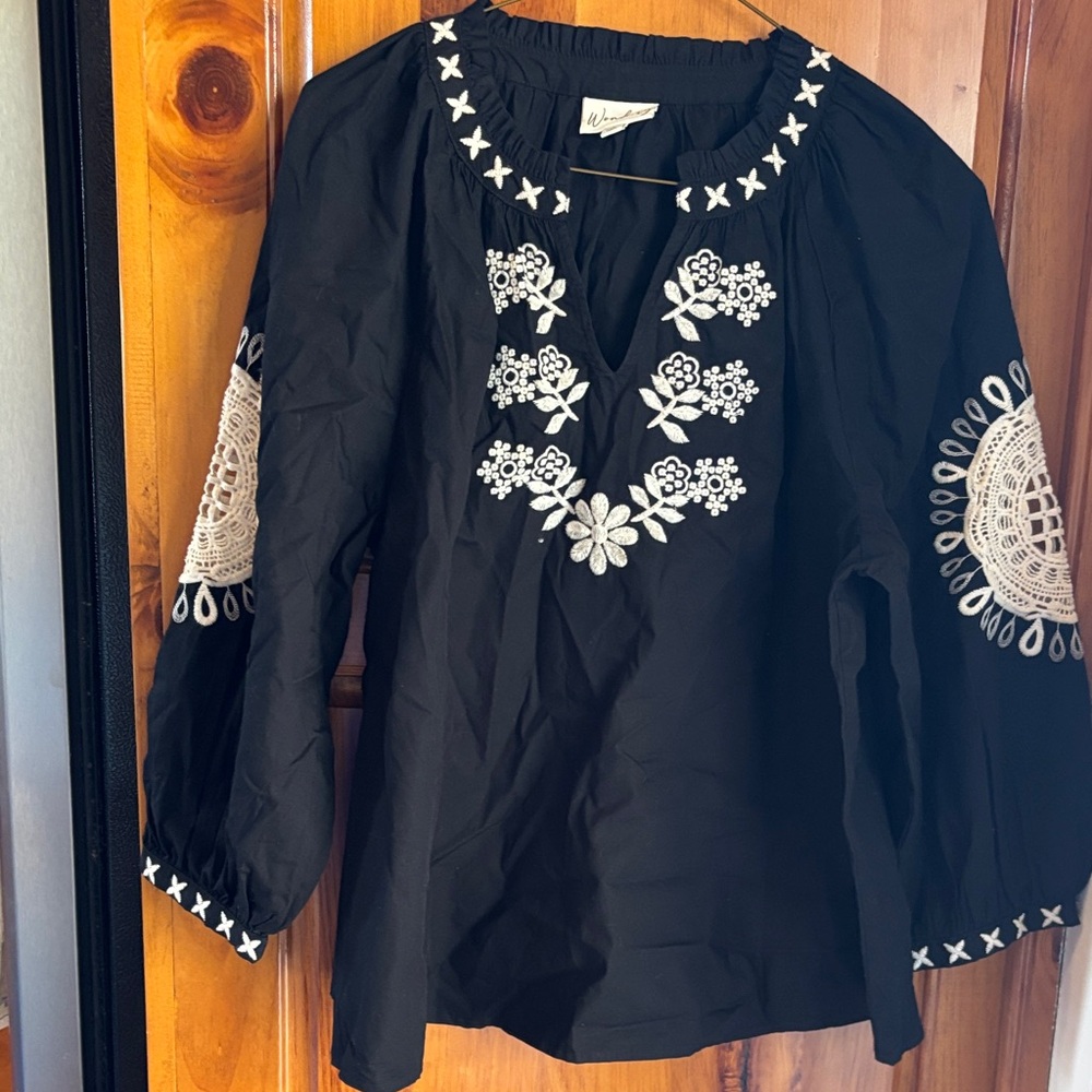 Wonder Black Blouse with White Embroidery